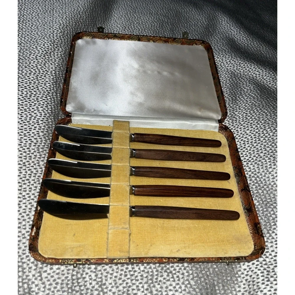 Set Of 5 Vintage Jordan Marsh Co. Sheffield Knife Cutlery Set Paisley Case